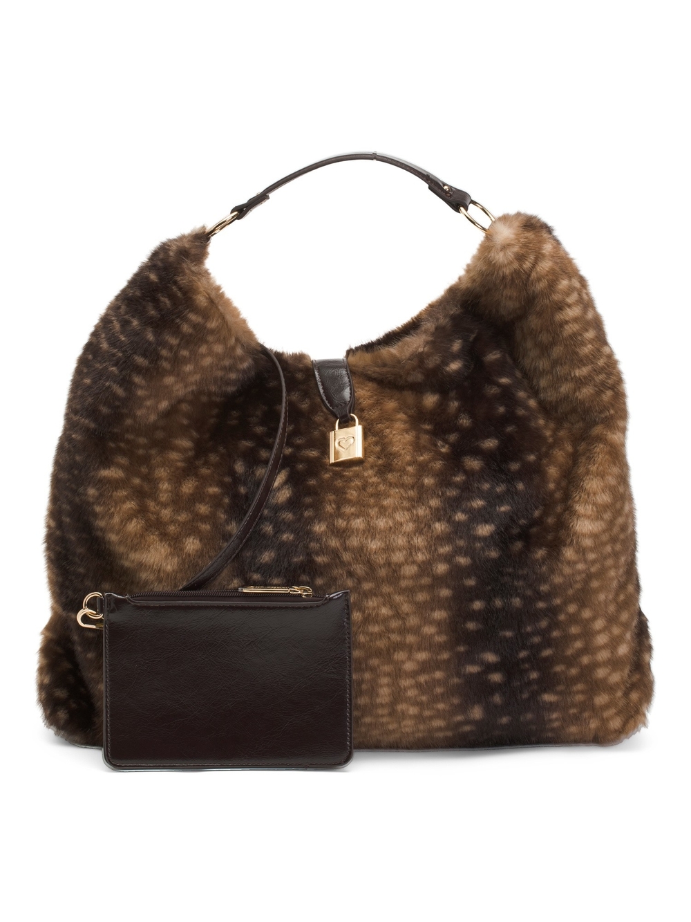 Betsey Johnson Brown Faux-Fur Hobo Bag with Dark Brown Pouch